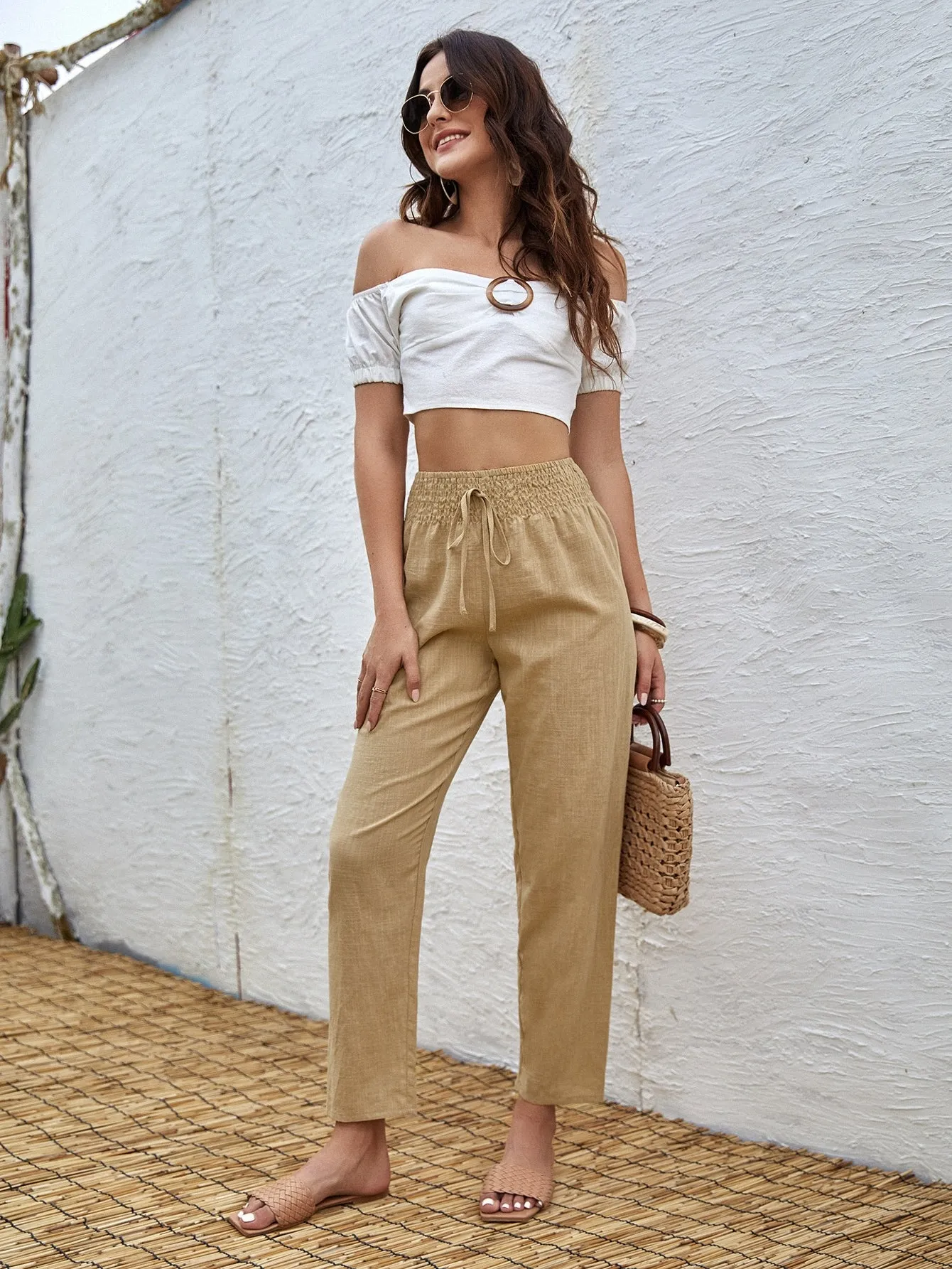 Casual Plain Shirred High Waist Cropped Women Pants