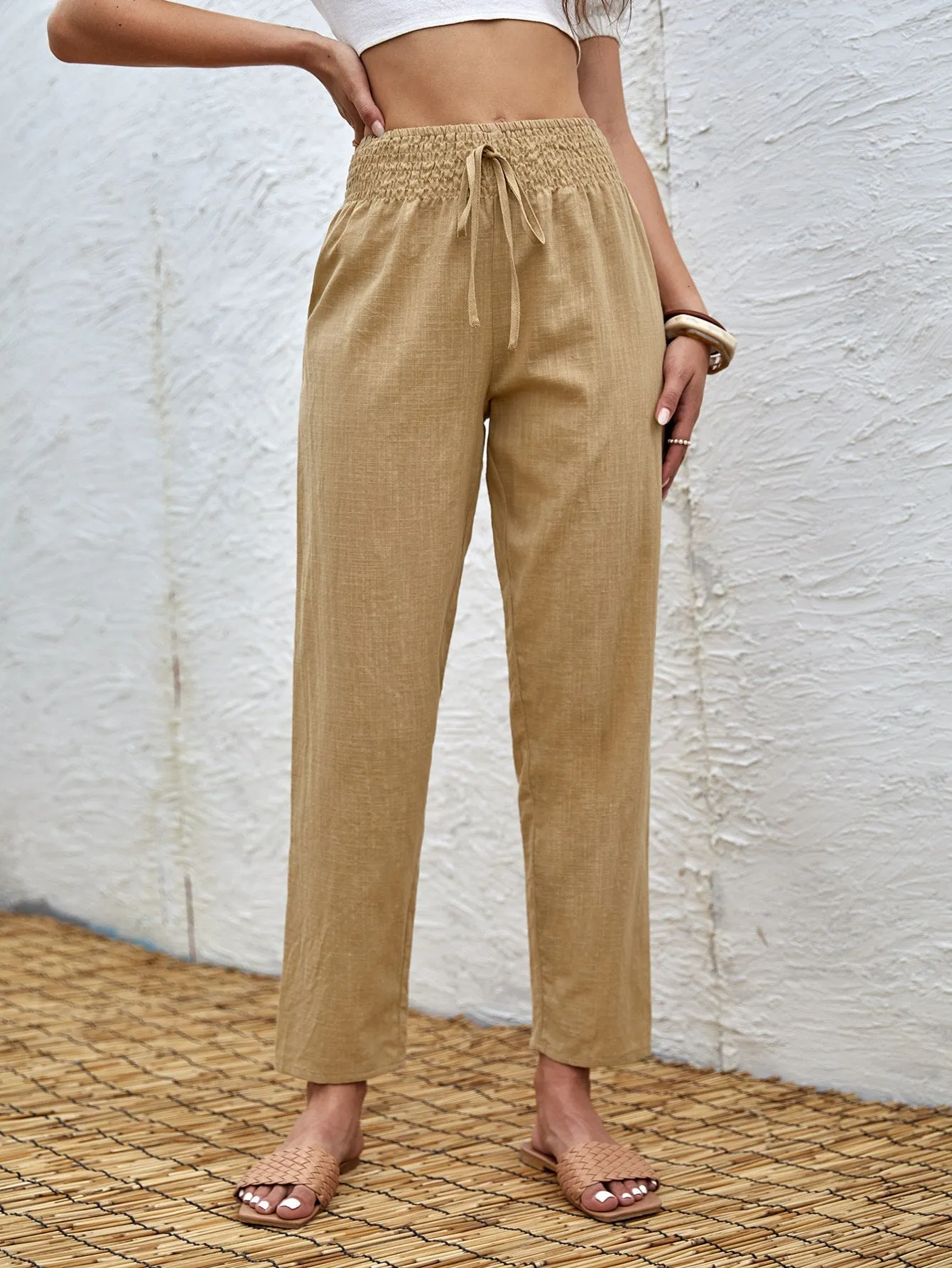 Casual Plain Shirred High Waist Cropped Women Pants