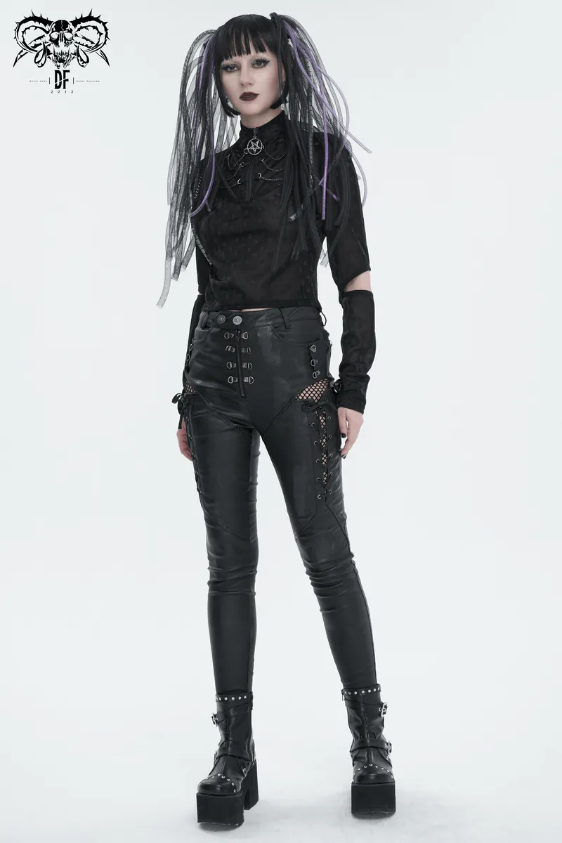 Casual Slim Fit Pants with Lace-Up on Sides / Punk Zipper Trousers with Eyelets