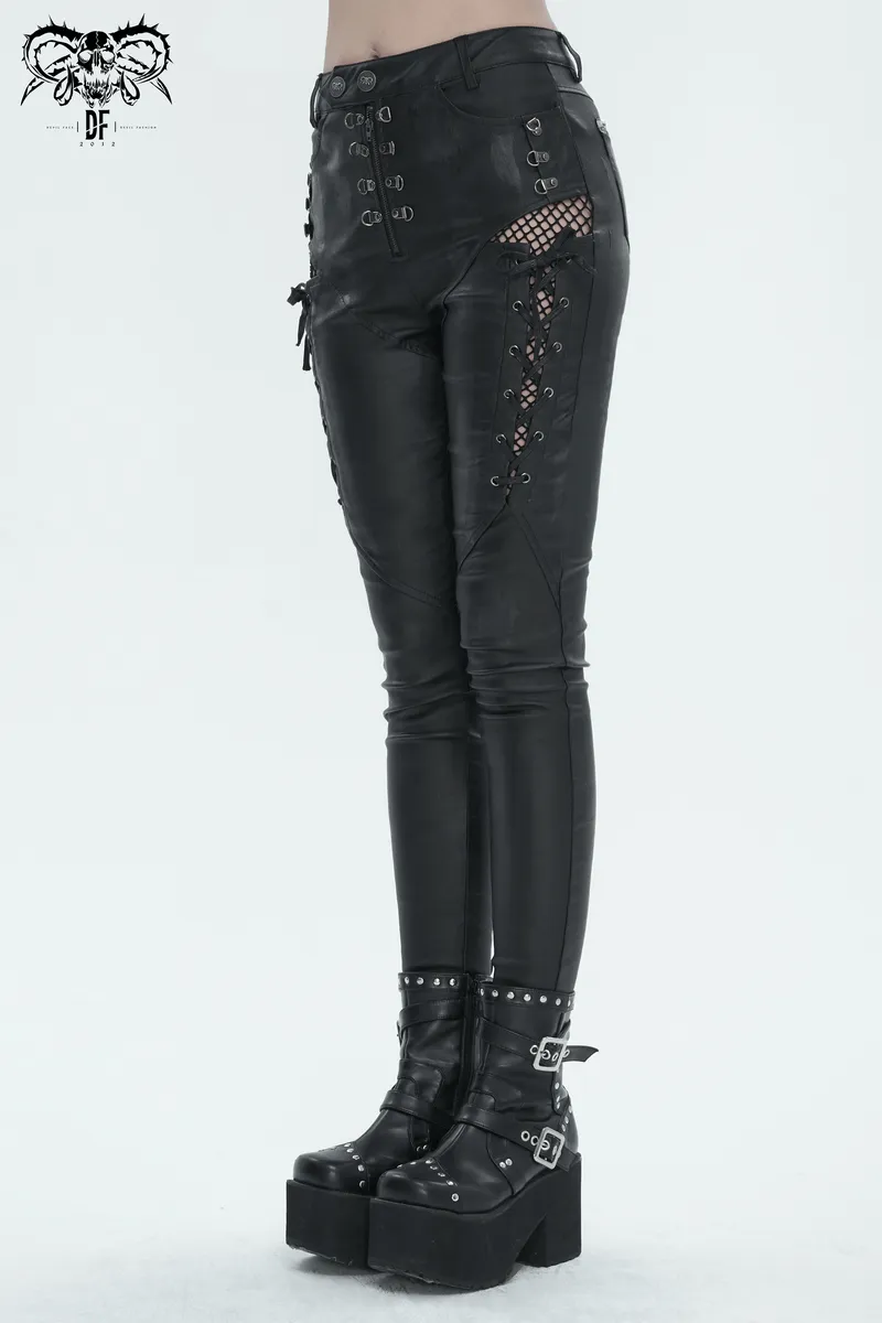 Casual Slim Fit Pants with Lace-Up on Sides / Punk Zipper Trousers with Eyelets