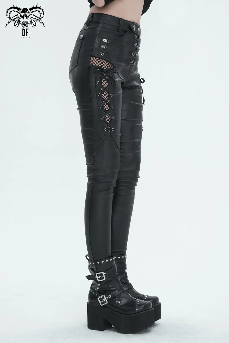 Casual Slim Fit Pants with Lace-Up on Sides / Punk Zipper Trousers with Eyelets