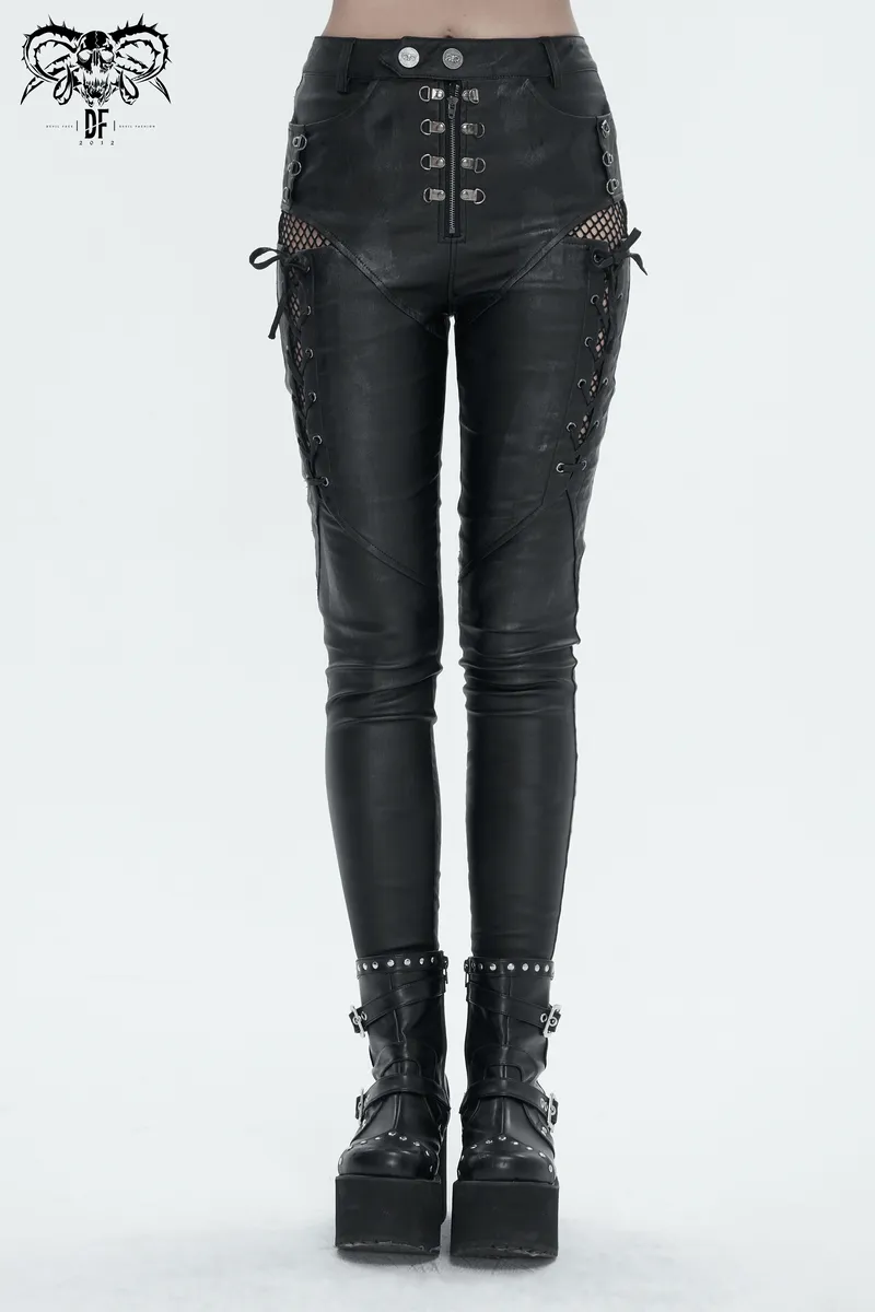 Casual Slim Fit Pants with Lace-Up on Sides / Punk Zipper Trousers with Eyelets