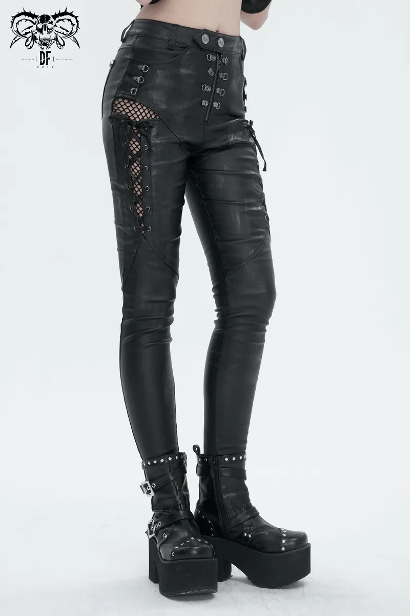 Casual Slim Fit Pants with Lace-Up on Sides / Punk Zipper Trousers with Eyelets