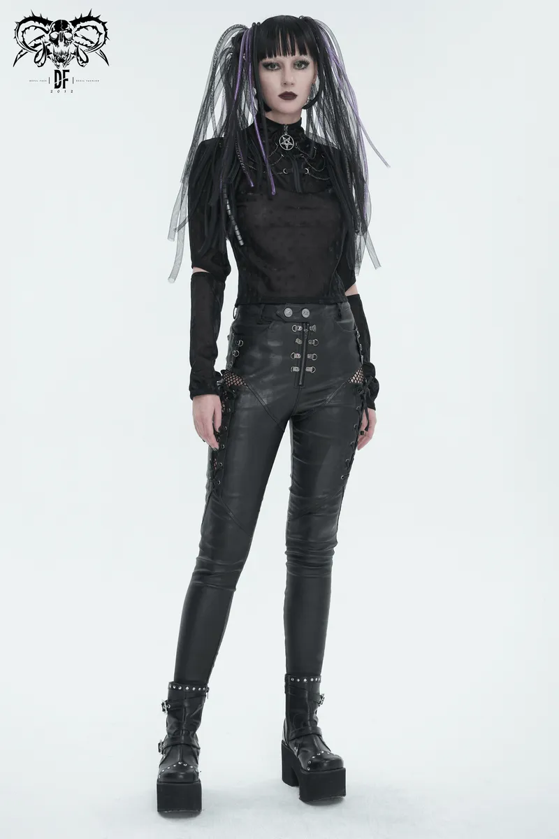 Casual Slim Fit Pants with Lace-Up on Sides / Punk Zipper Trousers with Eyelets