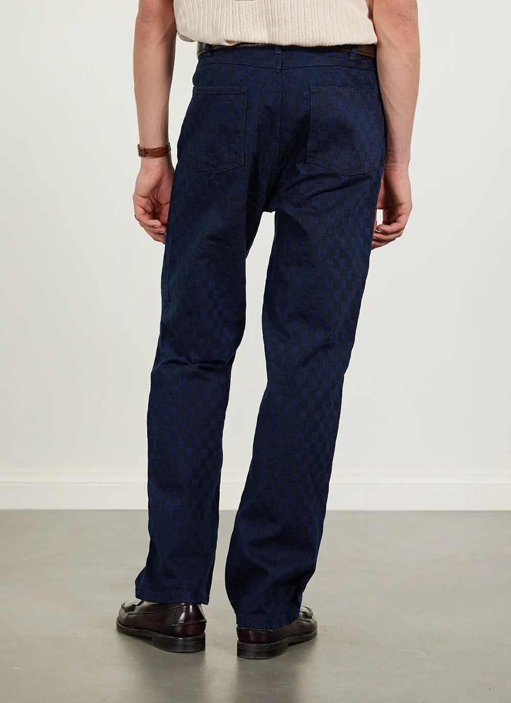 Checkerboard Denim 5 Pocket Trousers | Cotton | Navy With Black