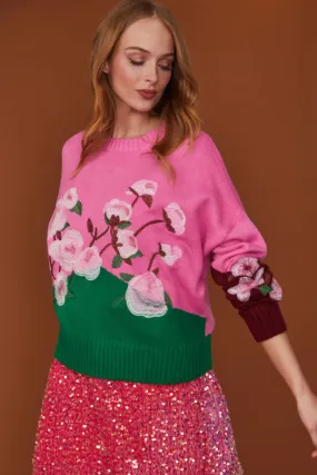 Chic Blended Cashmere and Banana Peel Sweater, Floral, Pink