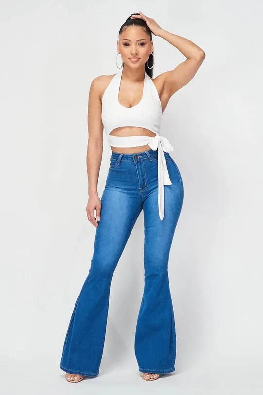 Classic Dark Denim High Waisted Bell Bottom Jeans