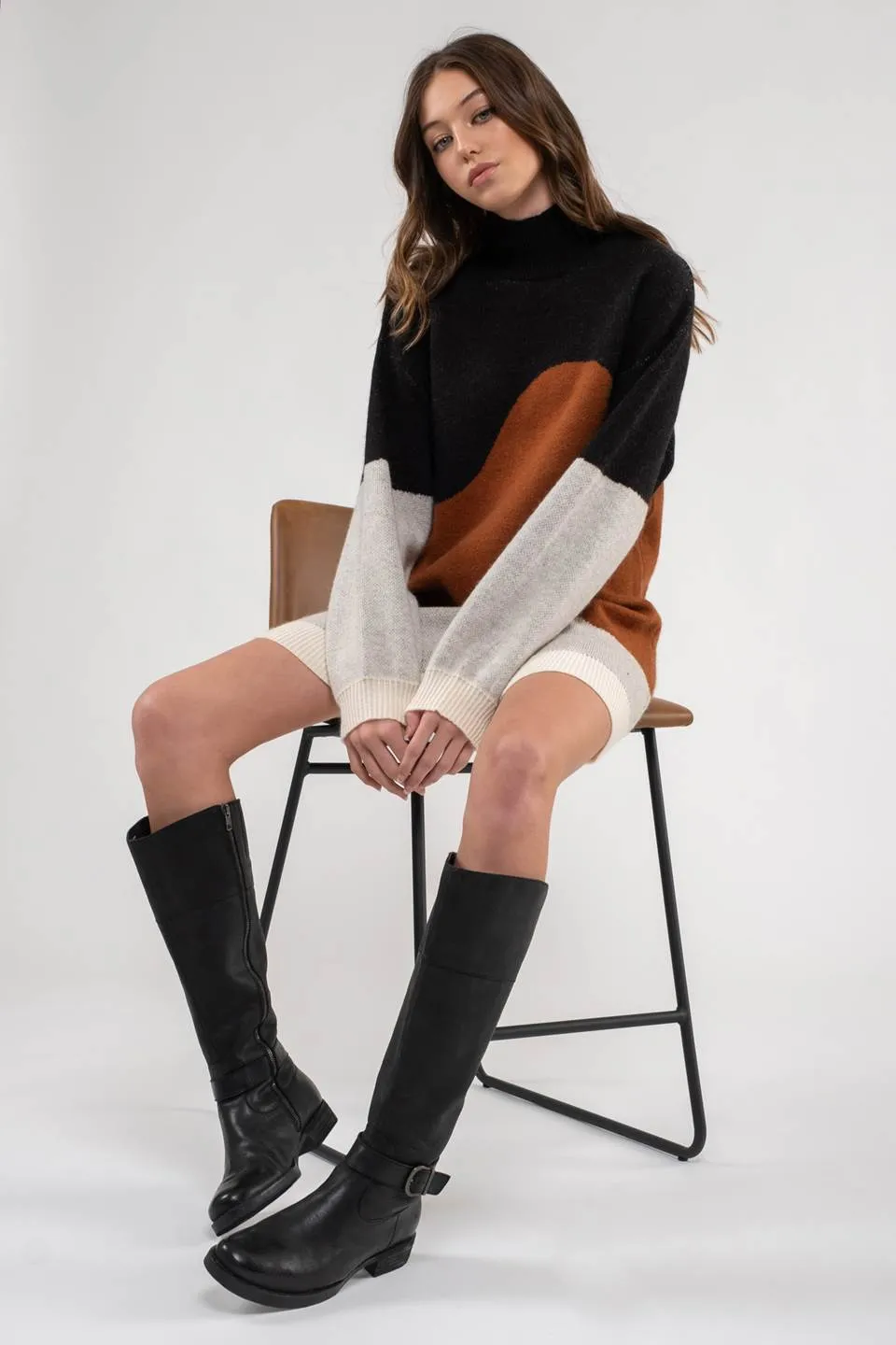 COLORBLOCK MOCK NECK KNIT SWEATER DRESS