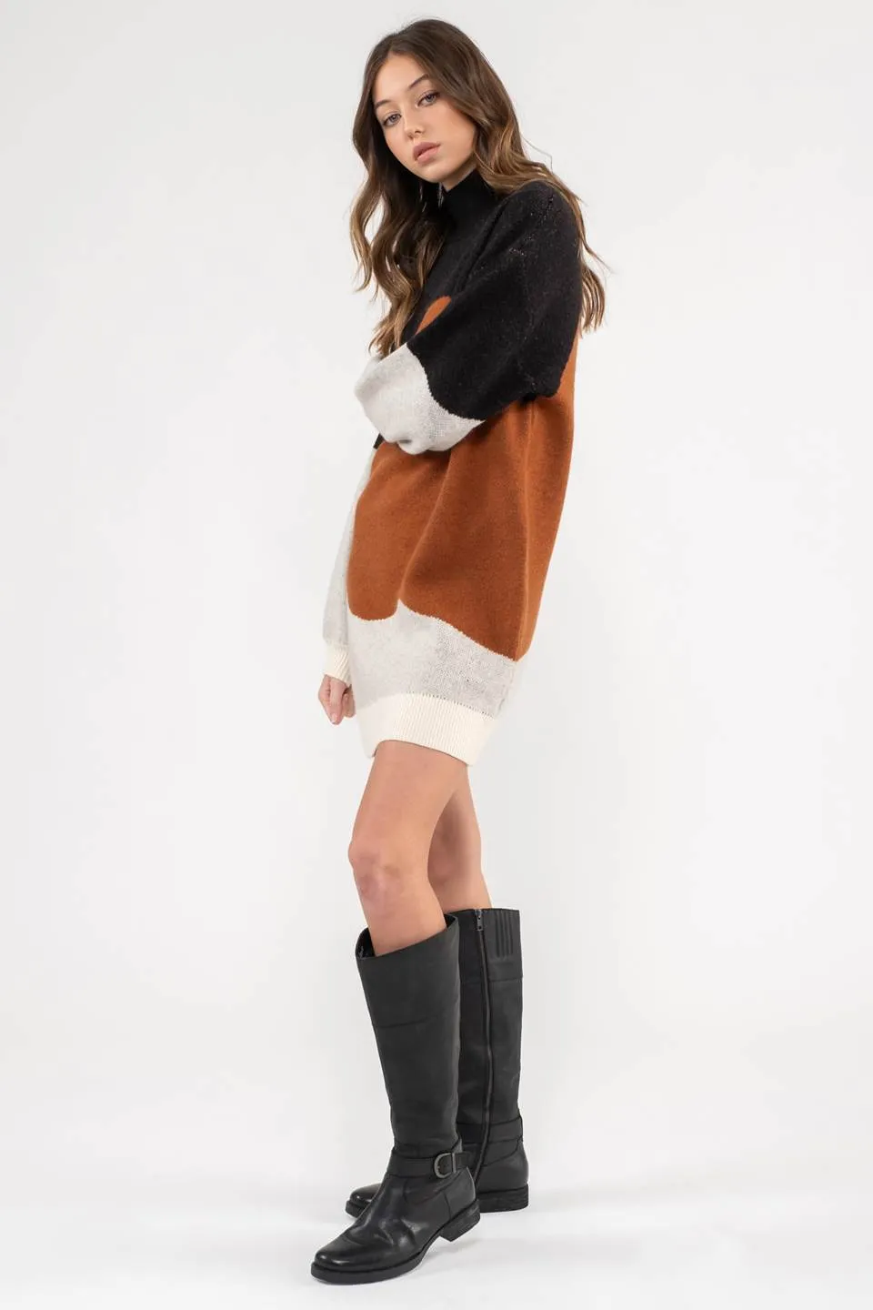 COLORBLOCK MOCK NECK KNIT SWEATER DRESS