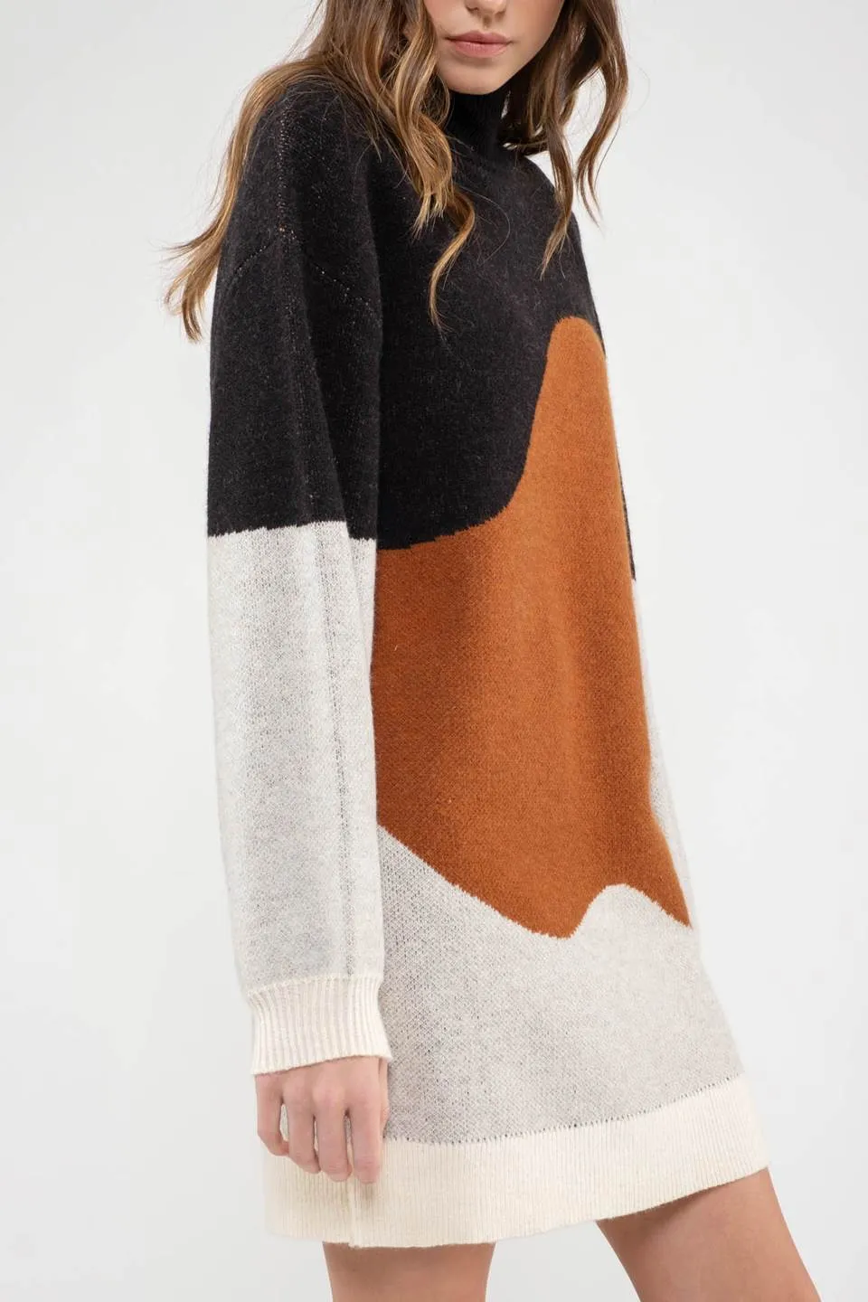 COLORBLOCK MOCK NECK KNIT SWEATER DRESS