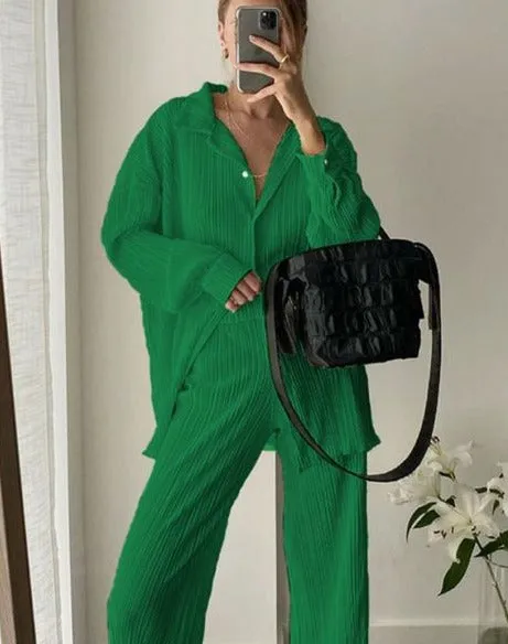 Comfortable Loose Home Suit Autumn Long Sleeve Blouse With High Waist Pants Set