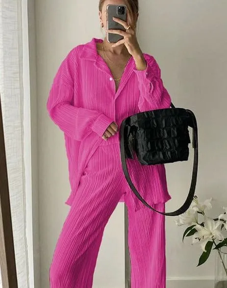 Comfortable Loose Home Suit Autumn Long Sleeve Blouse With High Waist Pants Set