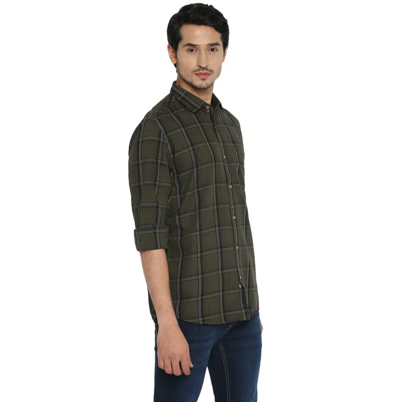 Cotton Olive Checkered Slim Fit Casual Shirt