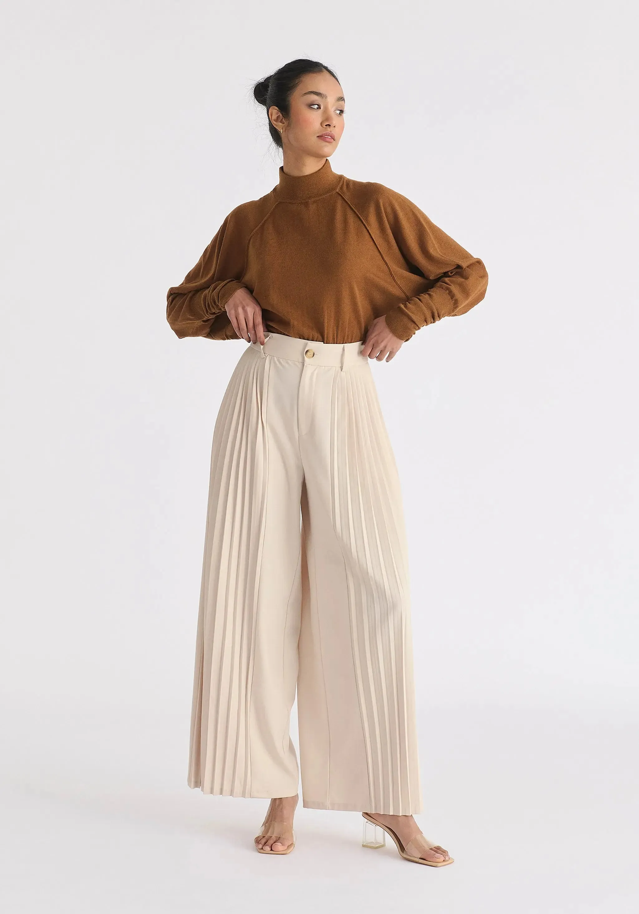 Cream Pleated Wide Leg Trousers