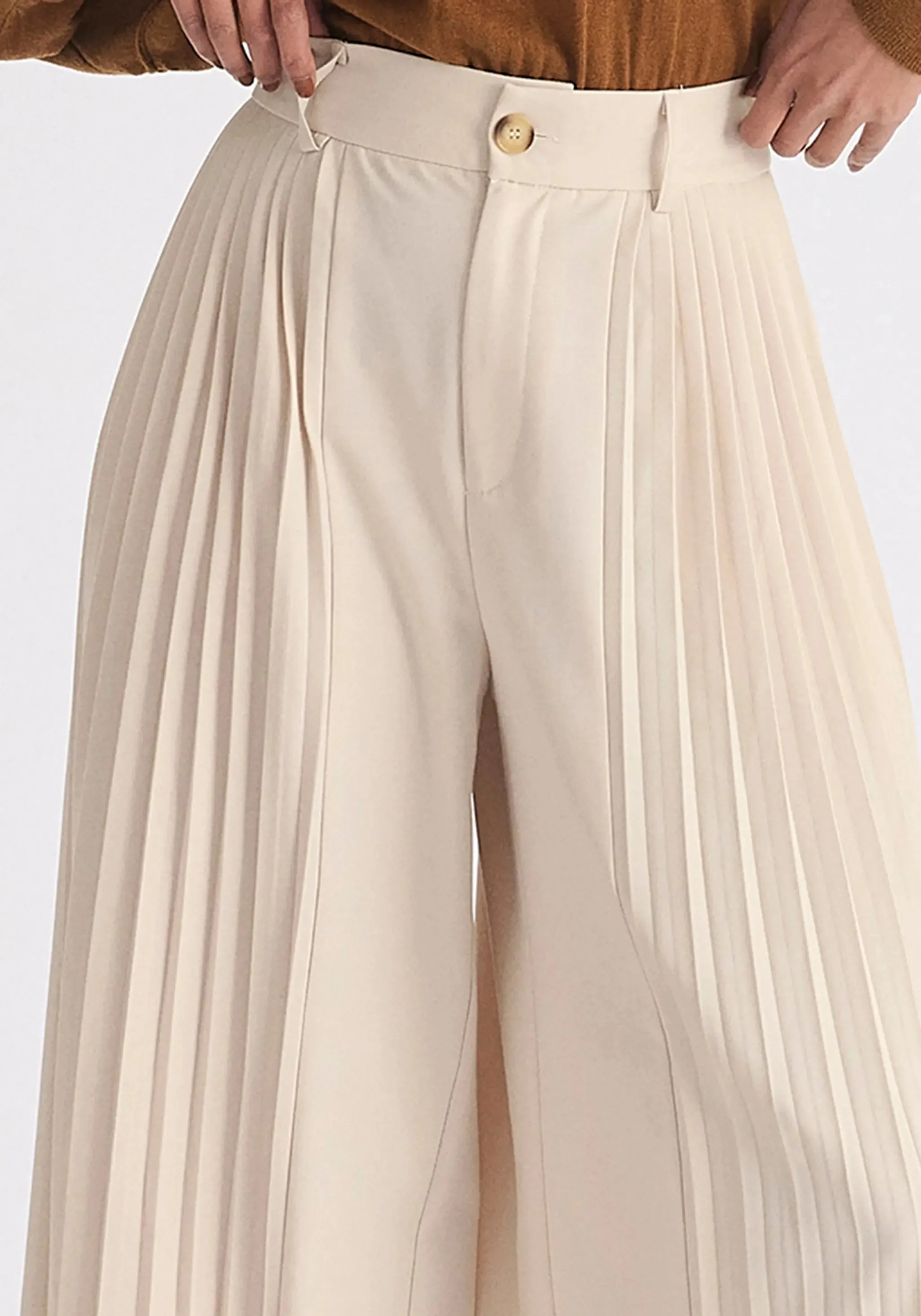 Cream Pleated Wide Leg Trousers