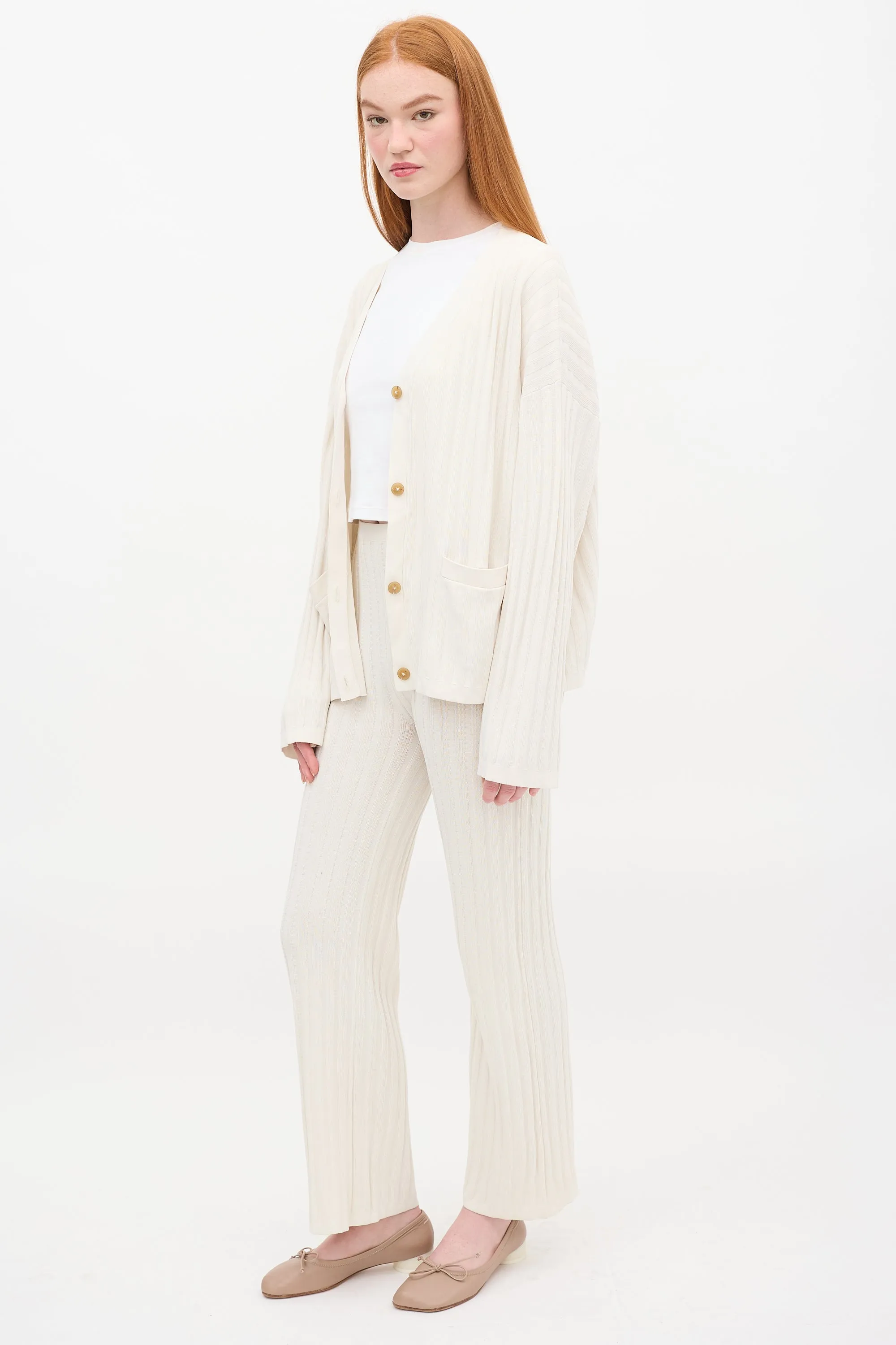 Cream Ribbed Knit Straight Leg Lounge Pant