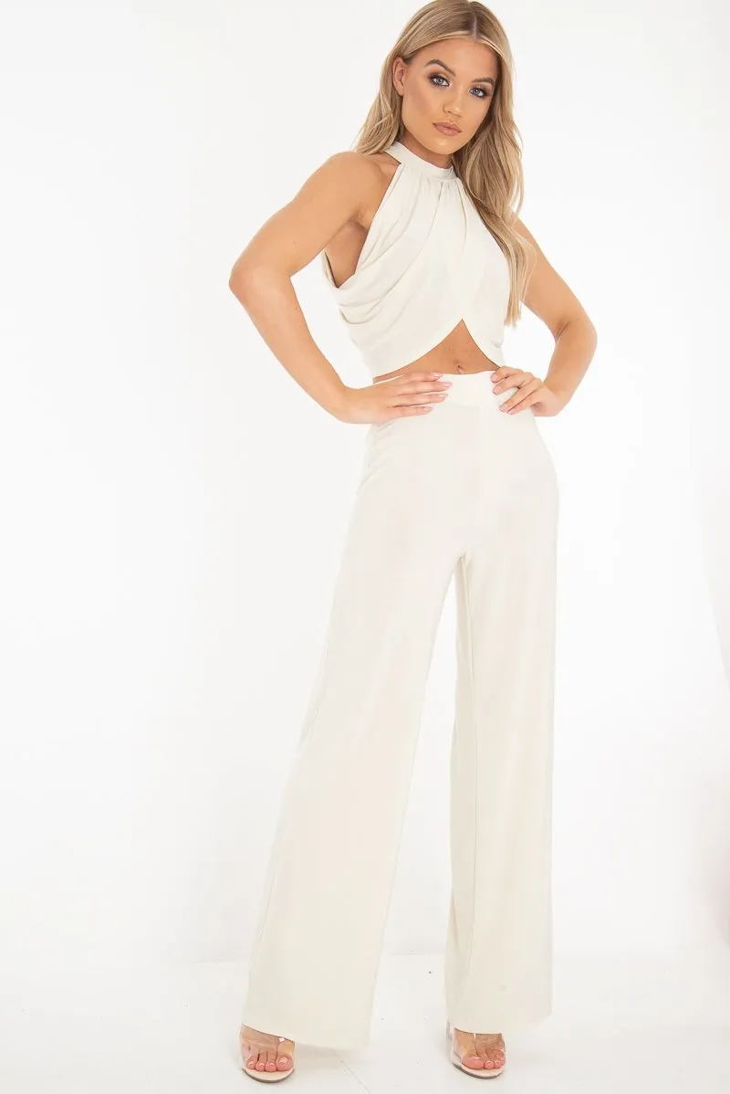 Cream Slinky High Waist Wide Leg Trousers - Traci