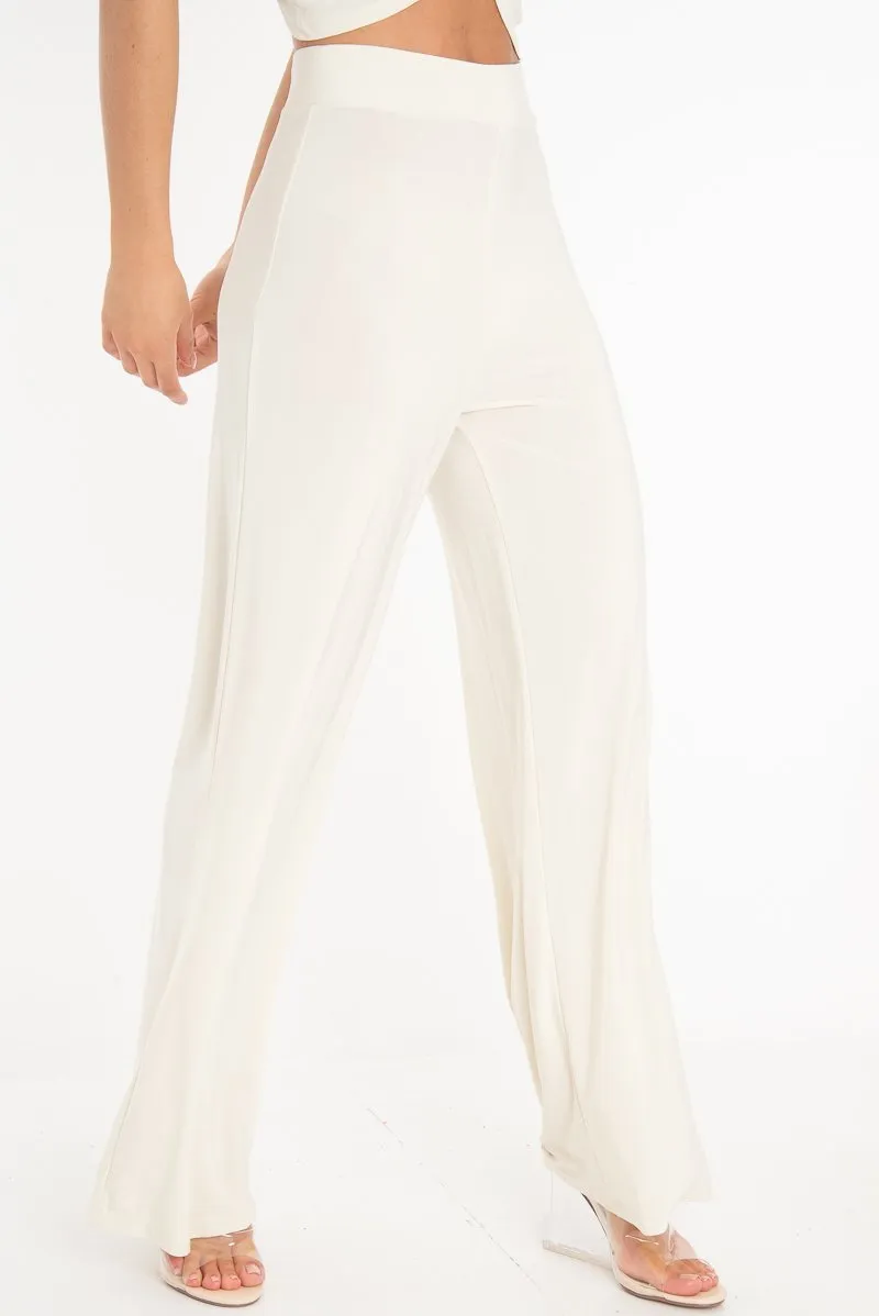 Cream Slinky High Waist Wide Leg Trousers - Traci