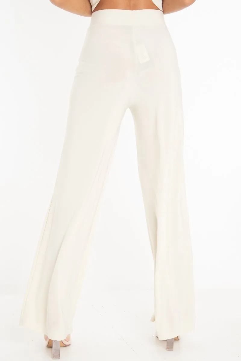 Cream Slinky High Waist Wide Leg Trousers - Traci