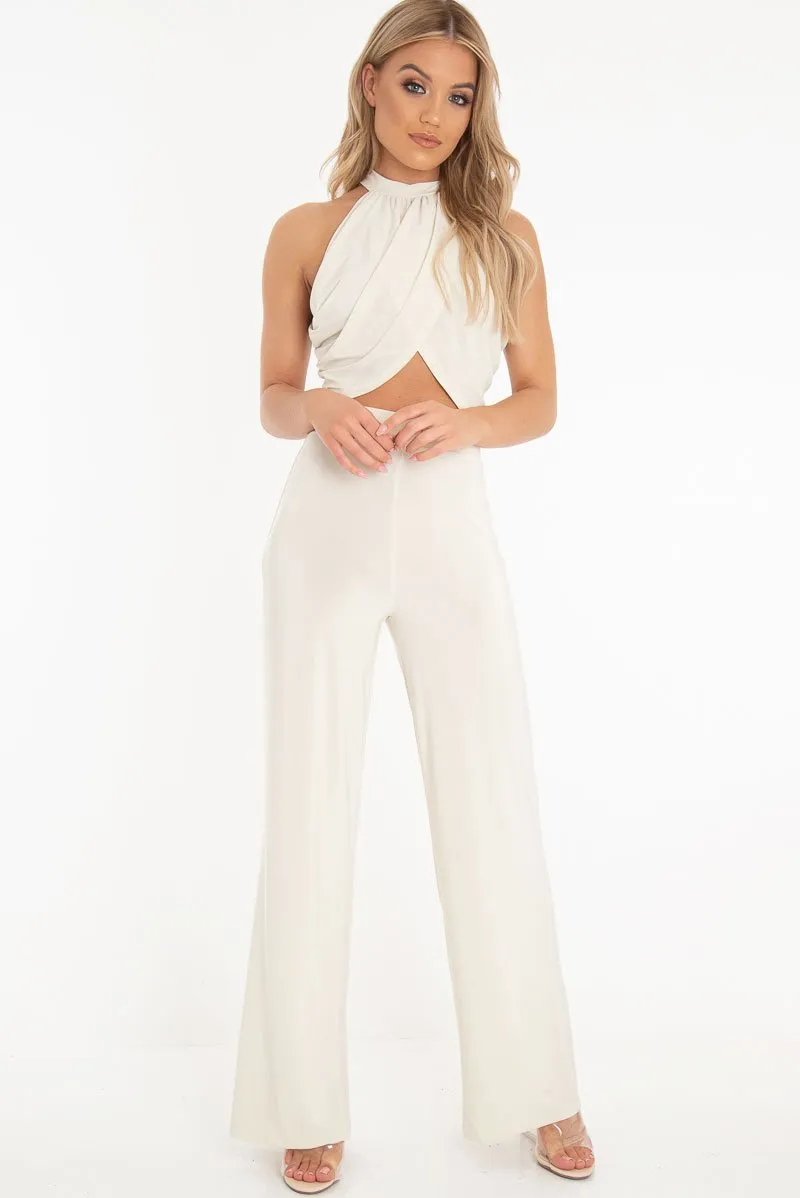 Cream Slinky High Waist Wide Leg Trousers - Traci