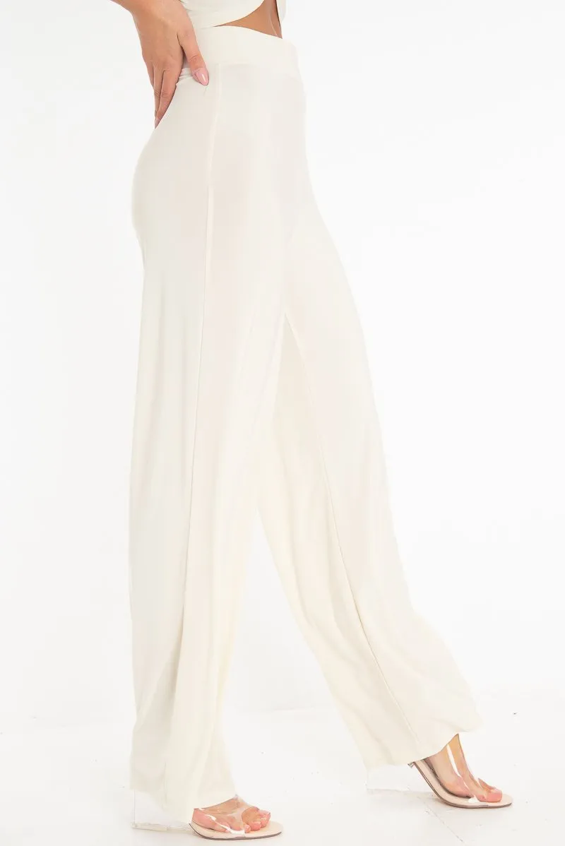 Cream Slinky High Waist Wide Leg Trousers - Traci