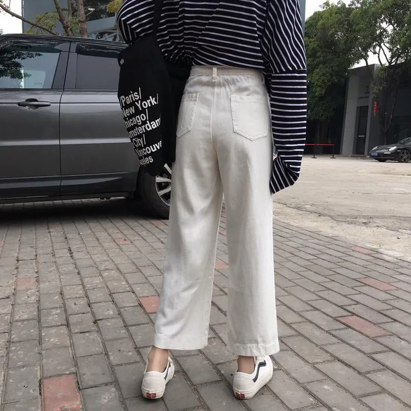 Creamy White High Waist Straight Casual Loose Pants