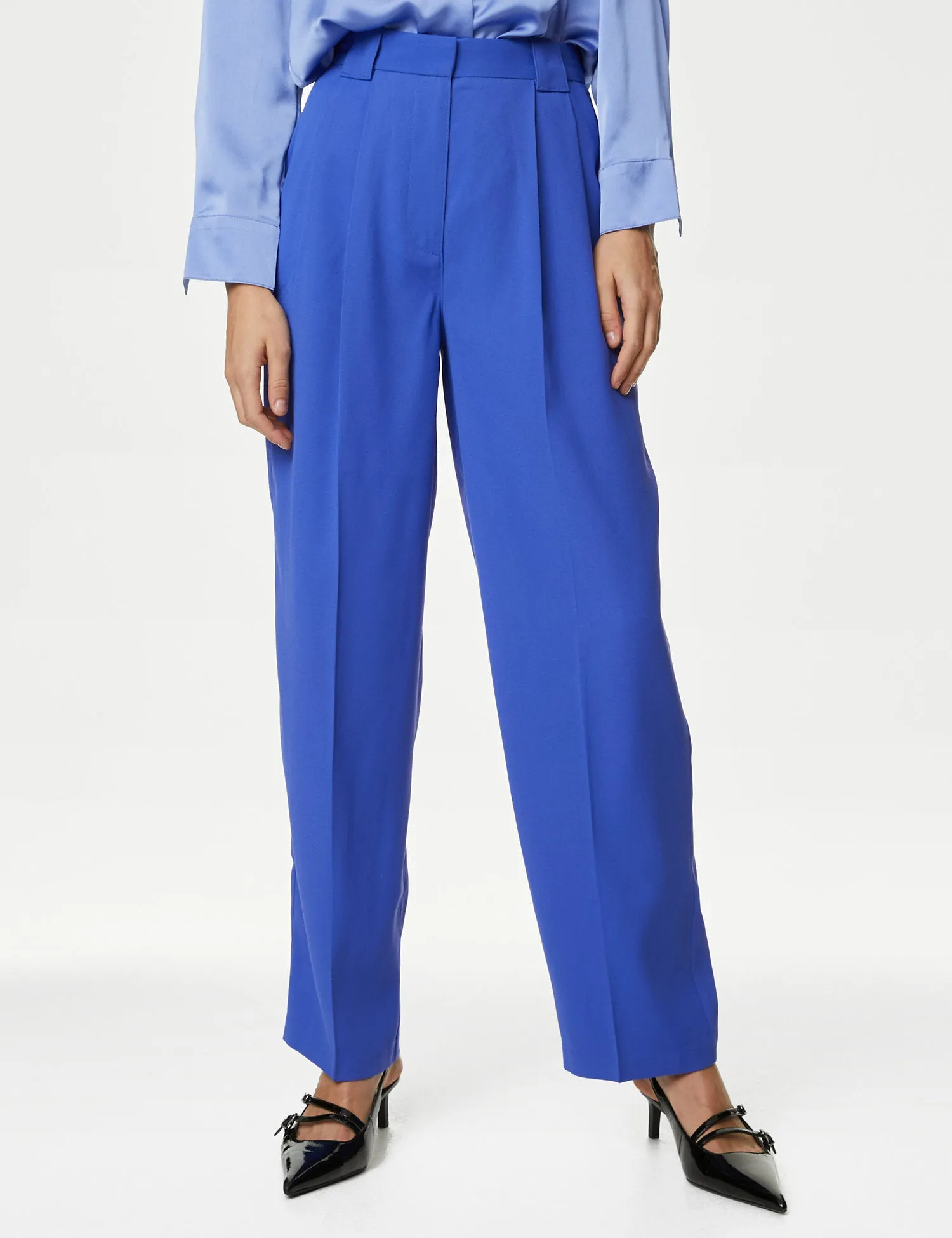 Crepe Pleat Front Straight Leg Trousers