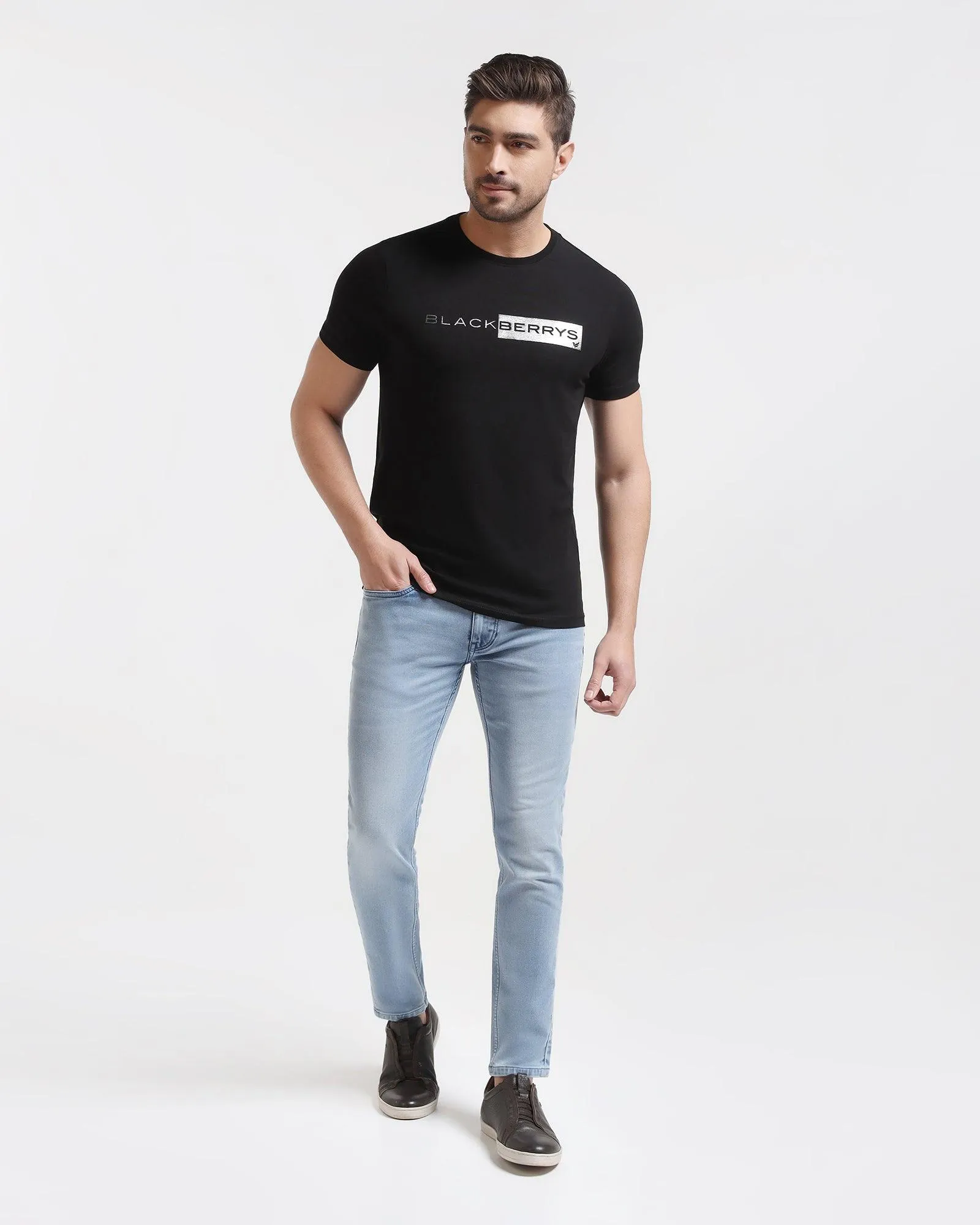 Crew Neck Black Solid T-Shirt - Salsa