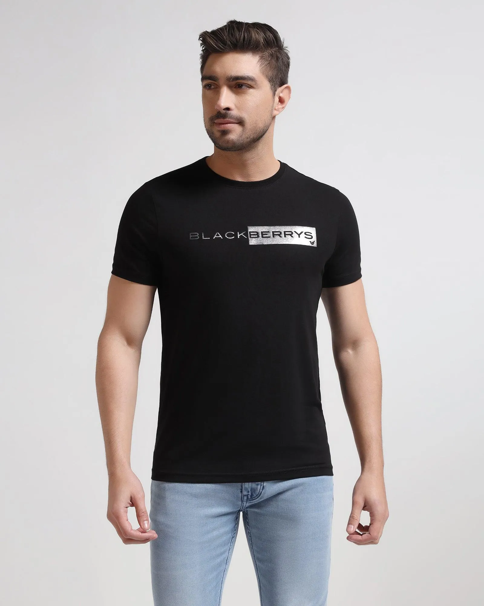 Crew Neck Black Solid T-Shirt - Salsa