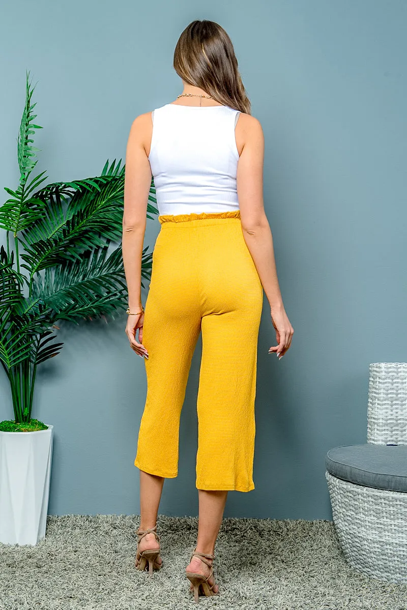 Cropped Pants with Ruffle Waistband and 4 Button Decor at Center Front in Mustard (6471PY)