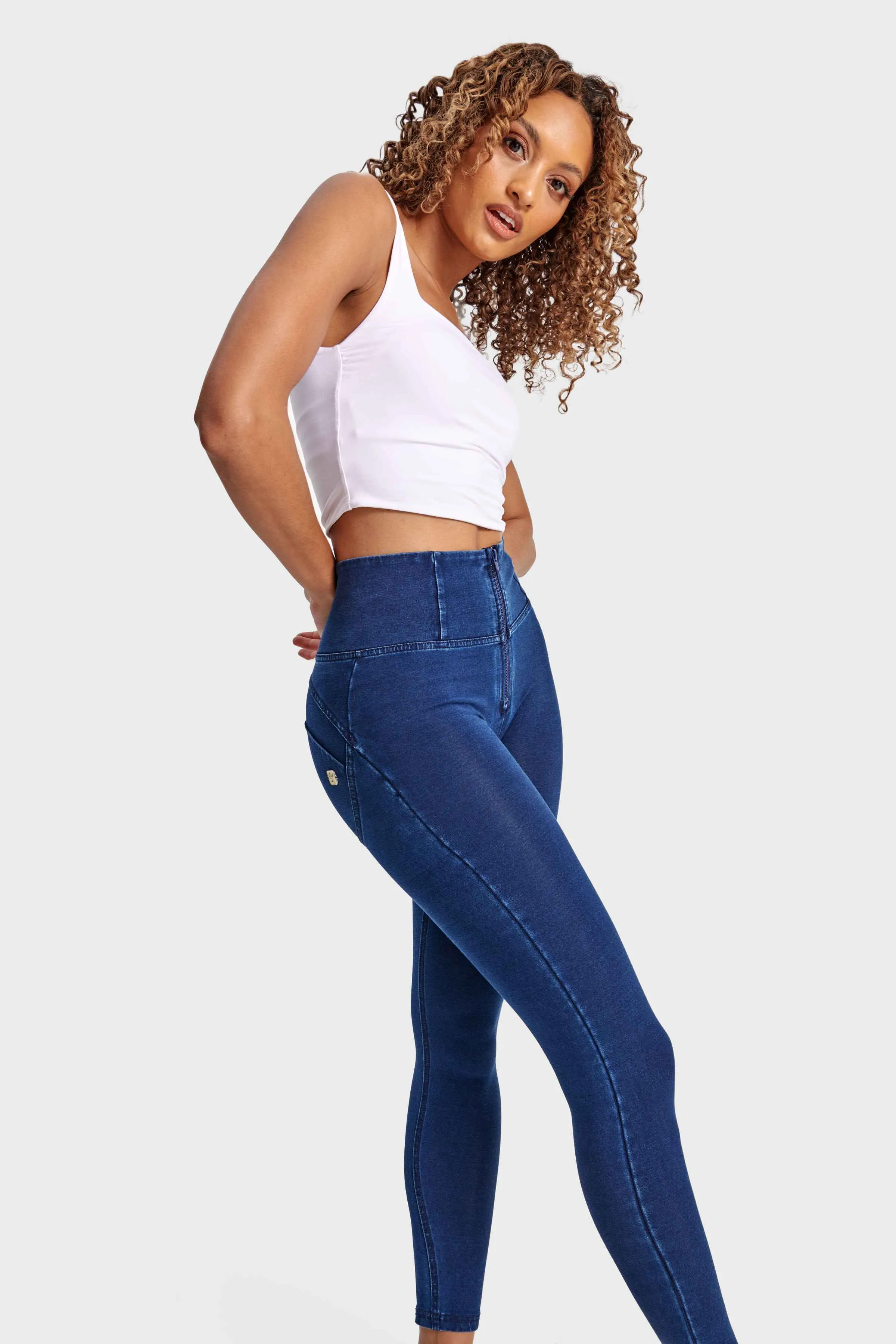 Dark Denim Blue Stitch High Waist Ankle Length