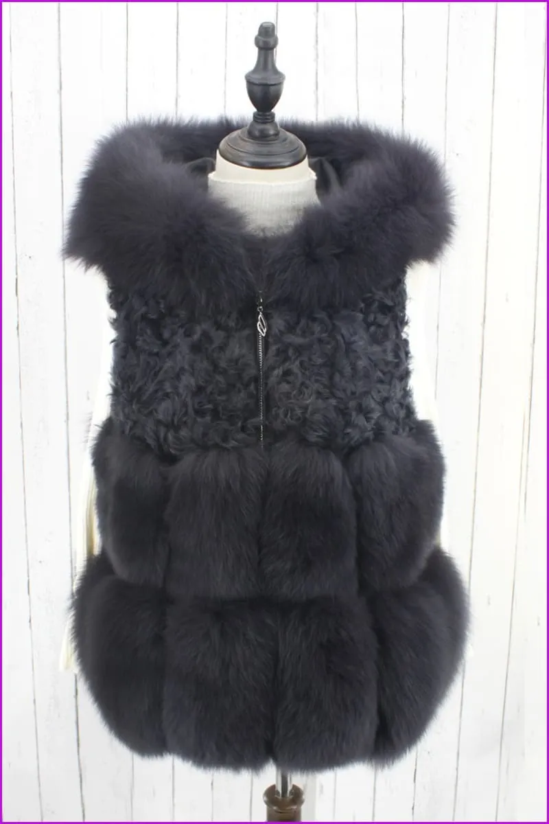 Dark Grey Fox Fur with Lamp Fur Hooded Gilet 55CM DO1500