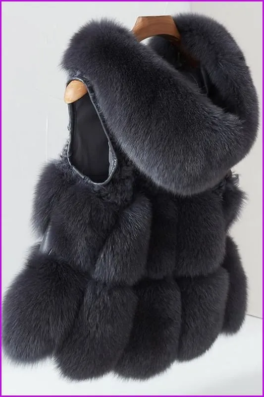 Dark Grey Fox Fur with Lamp Fur Hooded Gilet 55CM DO1500