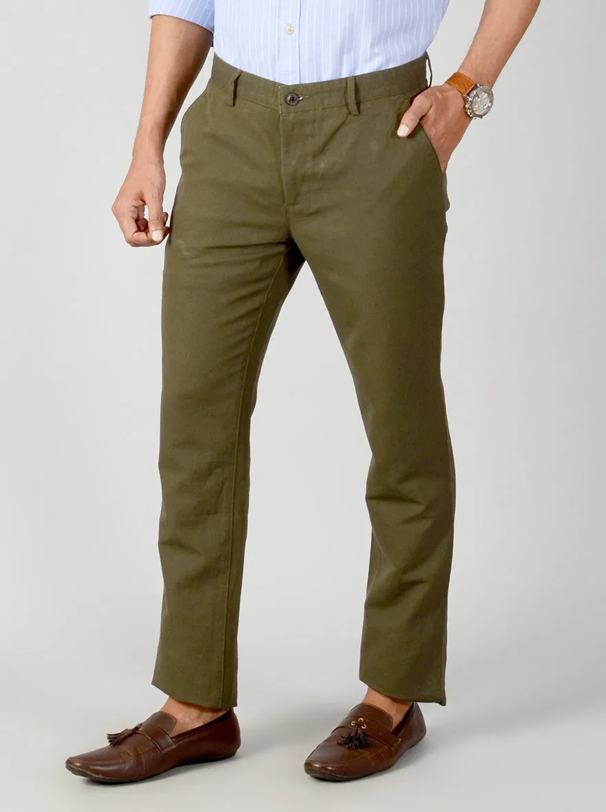 Dark Olive Green Self Textured Slim Fit Casual Trouser | JadeBlue