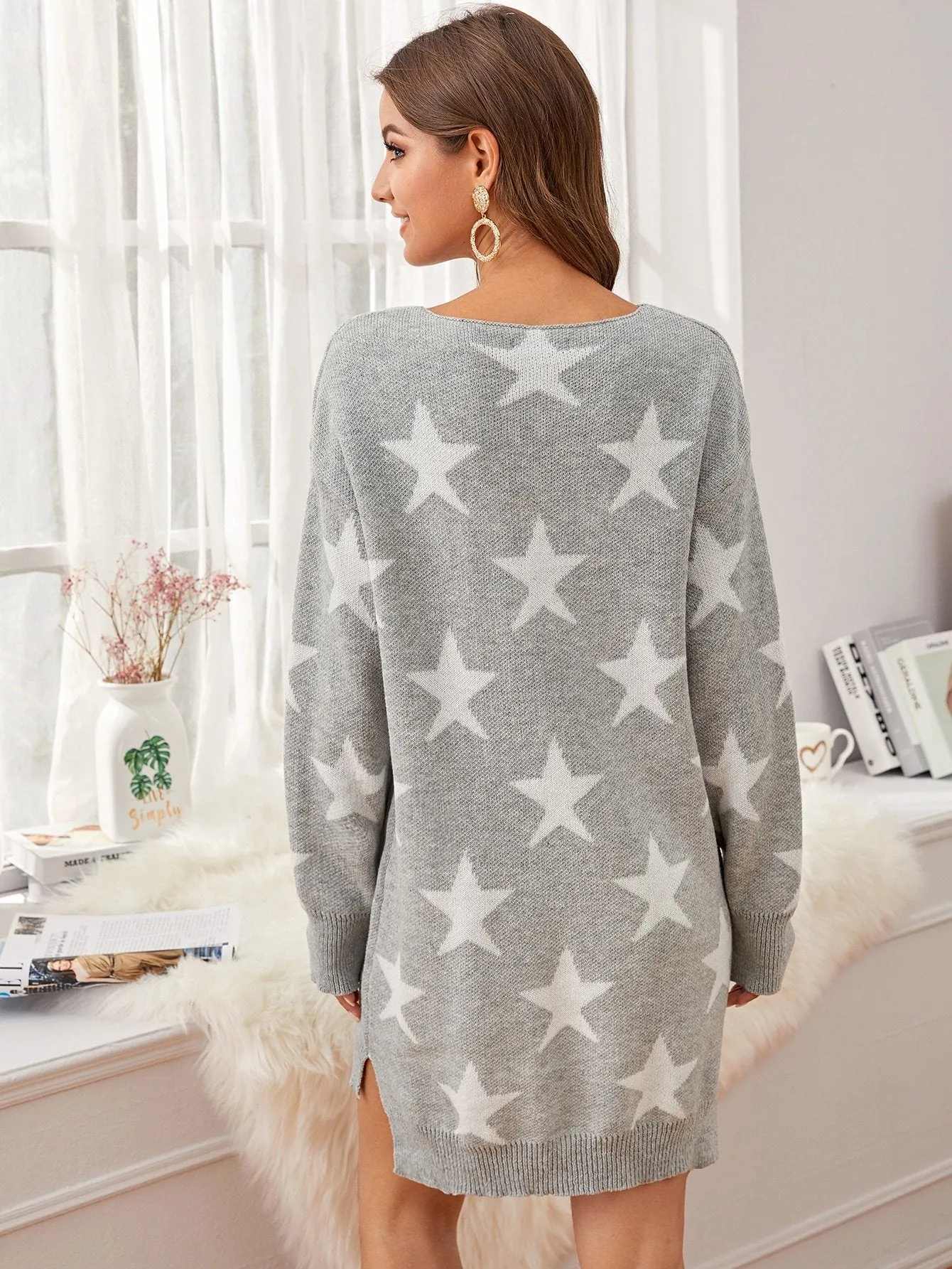 Drop Shoulder High Low Slit Hem Star Jumper Dress