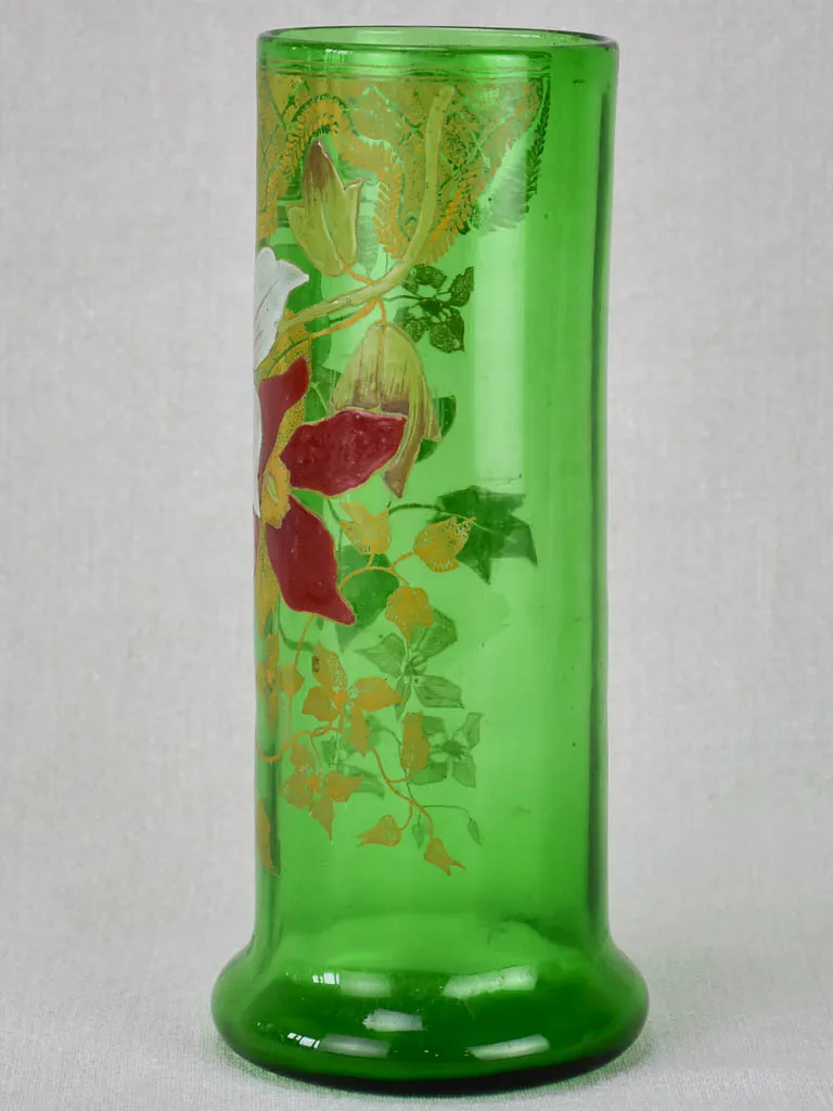 Early twentieth century hand painted green glass vase 10¼"