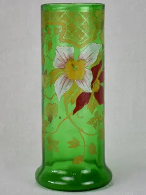 Early twentieth century hand painted green glass vase 10¼"