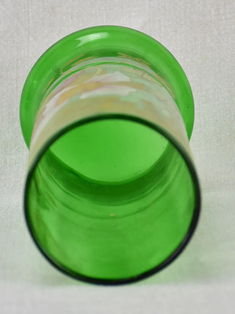 Early twentieth century hand painted green glass vase 10¼"