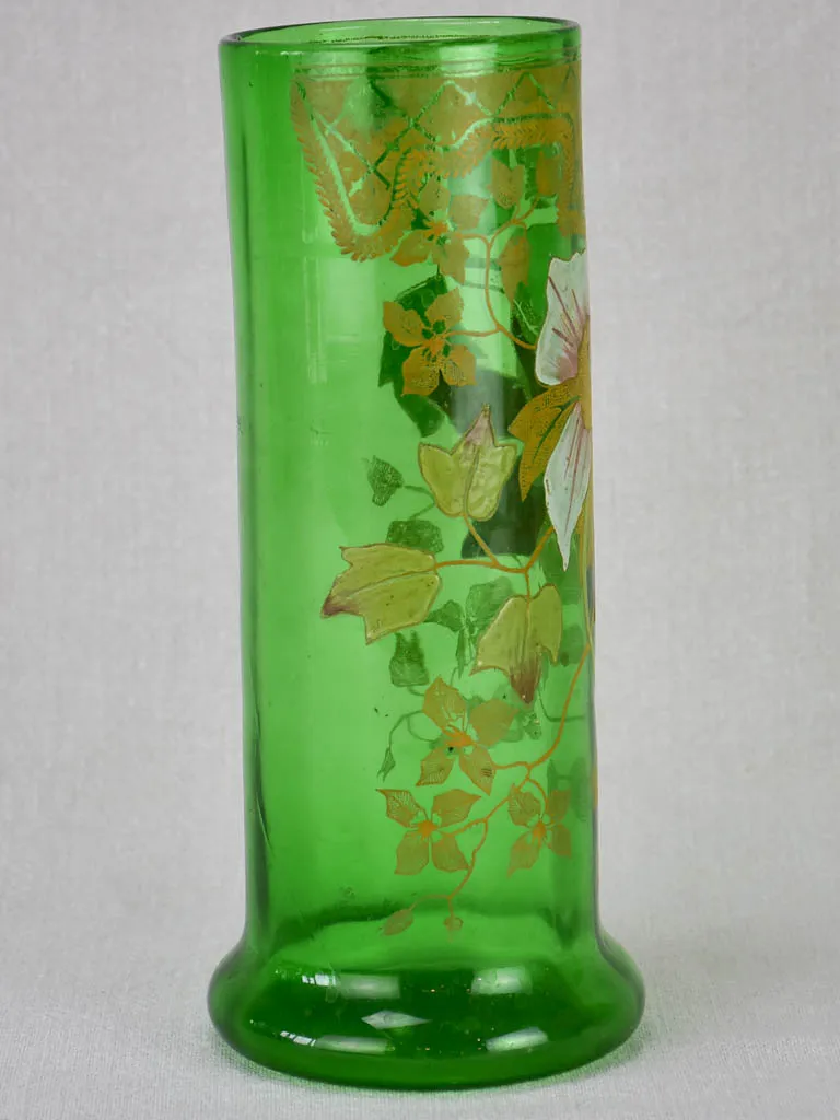 Early twentieth century hand painted green glass vase 10¼"