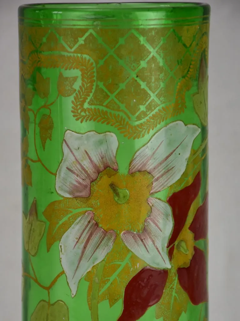 Early twentieth century hand painted green glass vase 10¼"