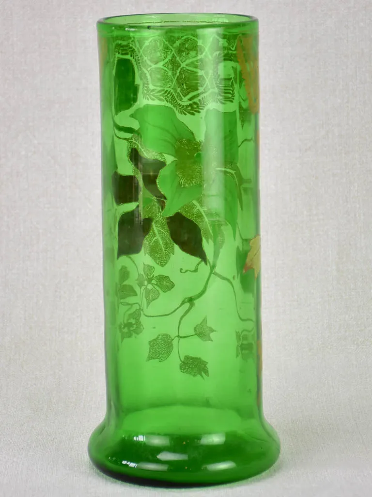 Early twentieth century hand painted green glass vase 10¼"