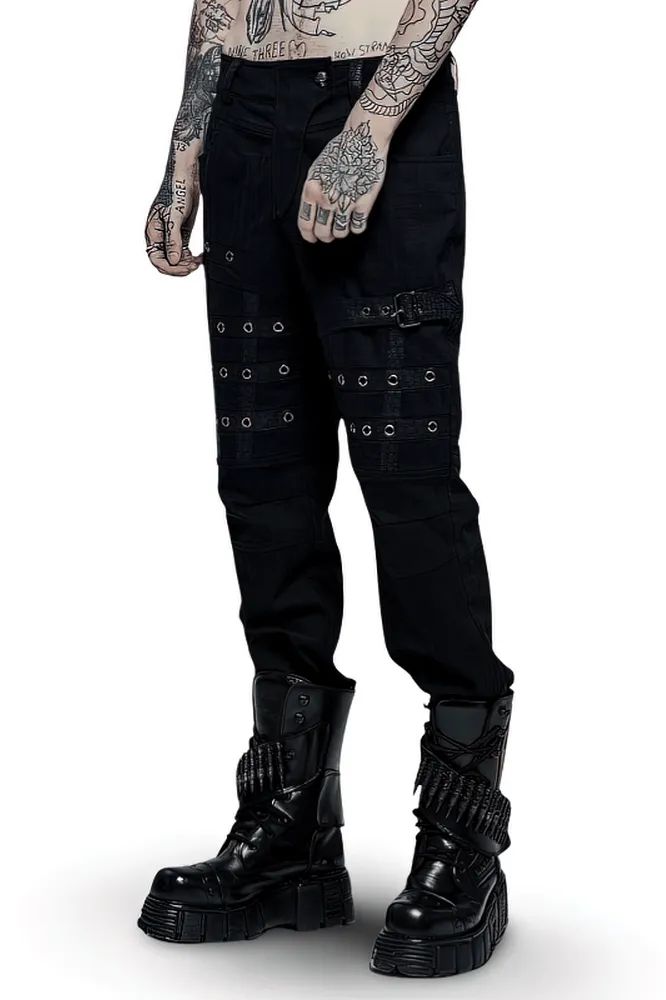 Edgy Black Strap Cargo Pants - Punk Goth Streetwear