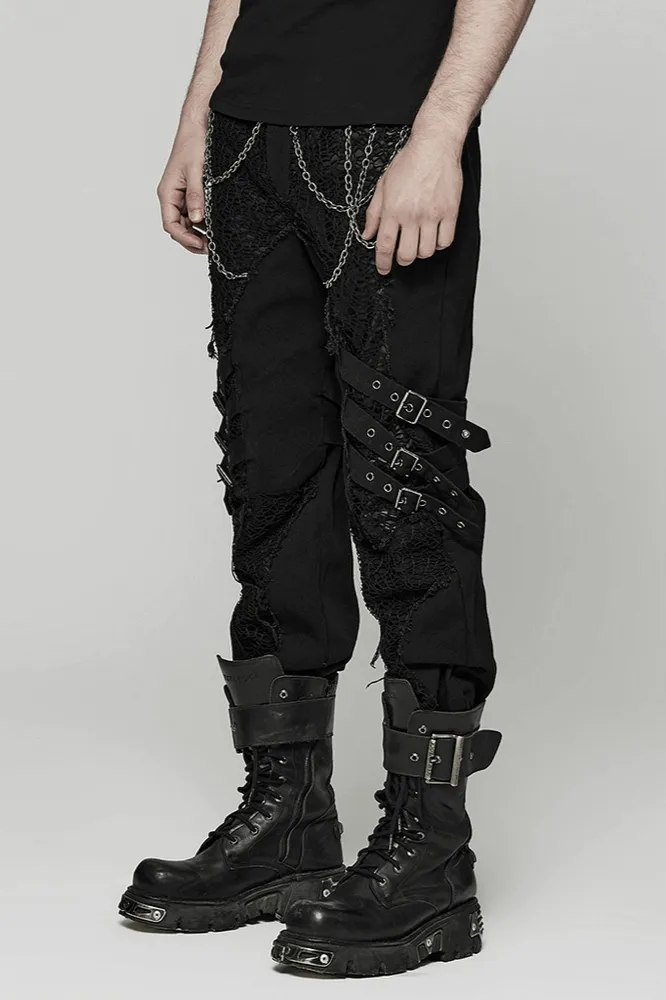 Edgy Gothic Black Trousers With Buckles And Chains Accent