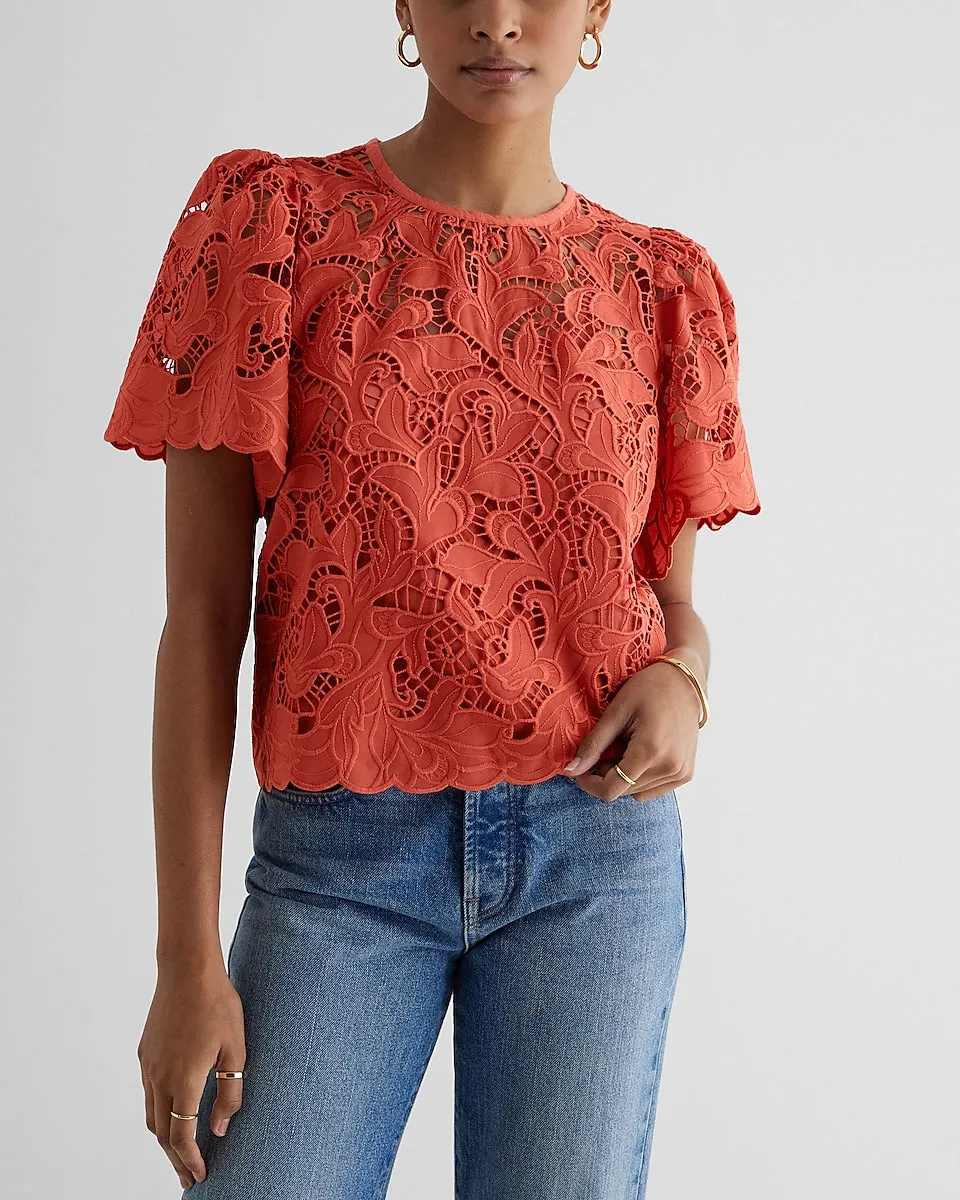 Embroidered Crochet Puff Sleeve Top in Apricot Orange