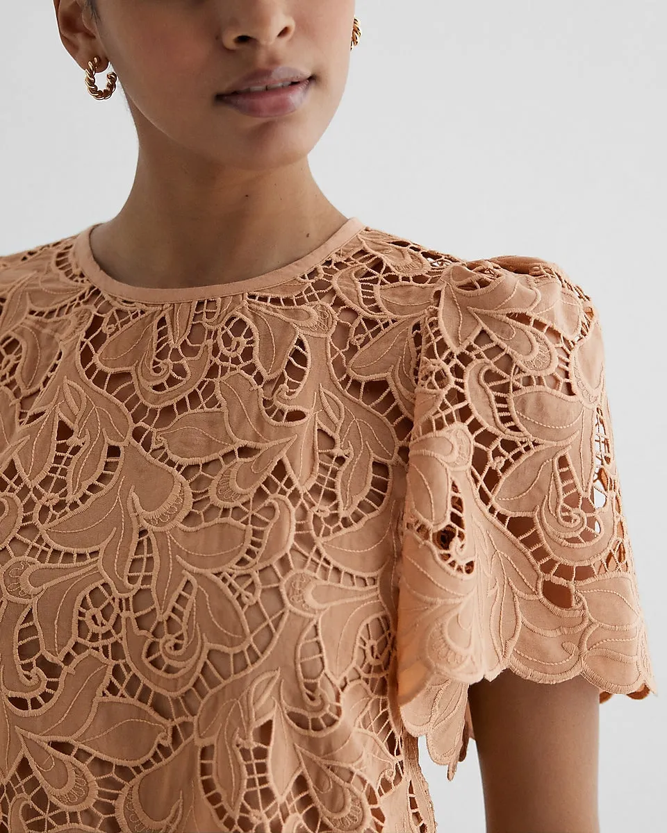 Embroidered Crochet Puff Sleeve Top in Pecan