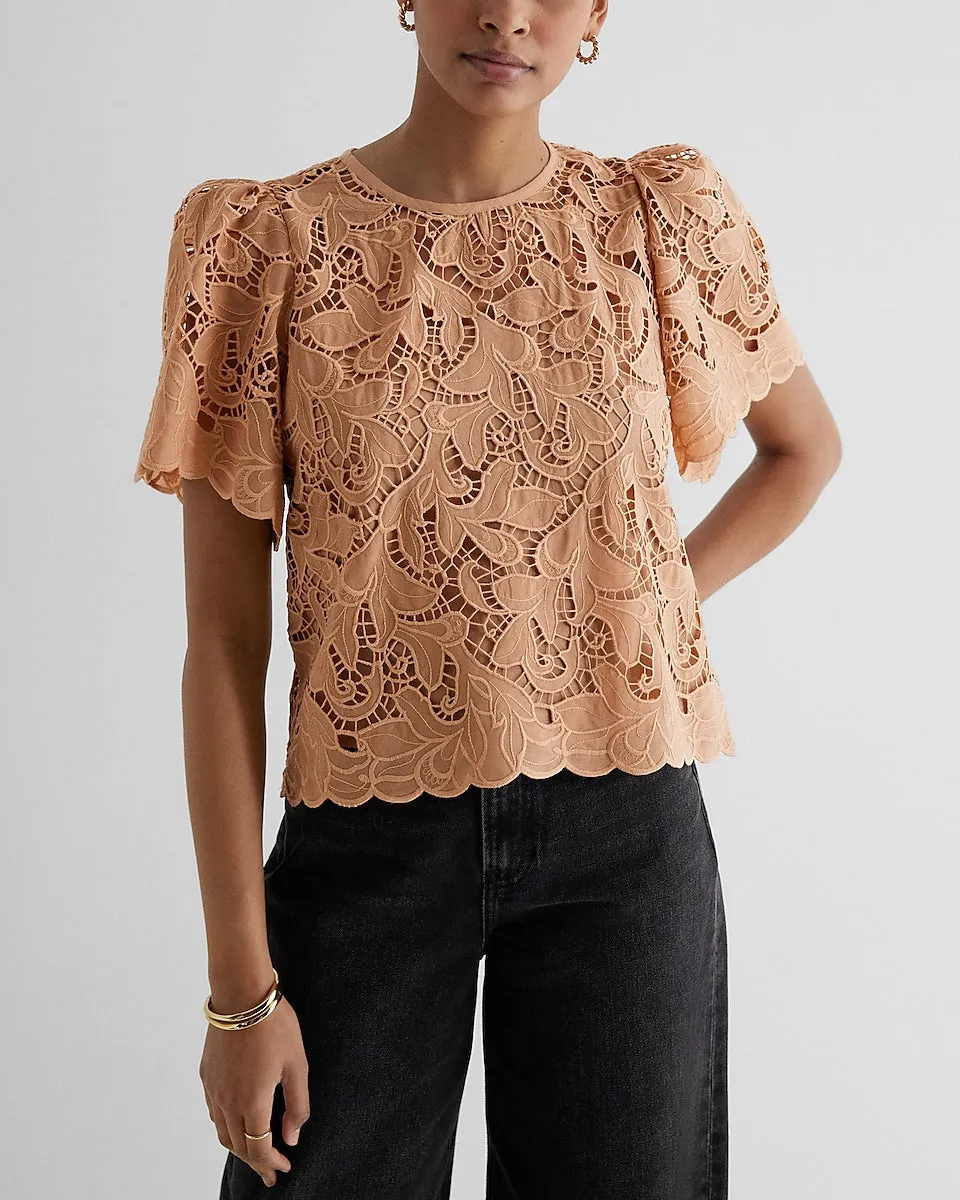 Embroidered Crochet Puff Sleeve Top in Pecan