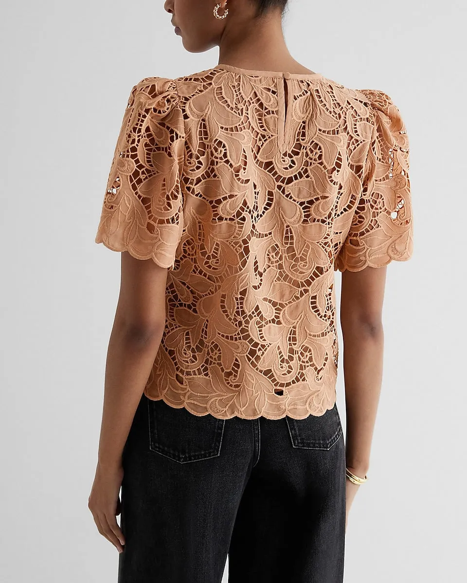 Embroidered Crochet Puff Sleeve Top in Pecan