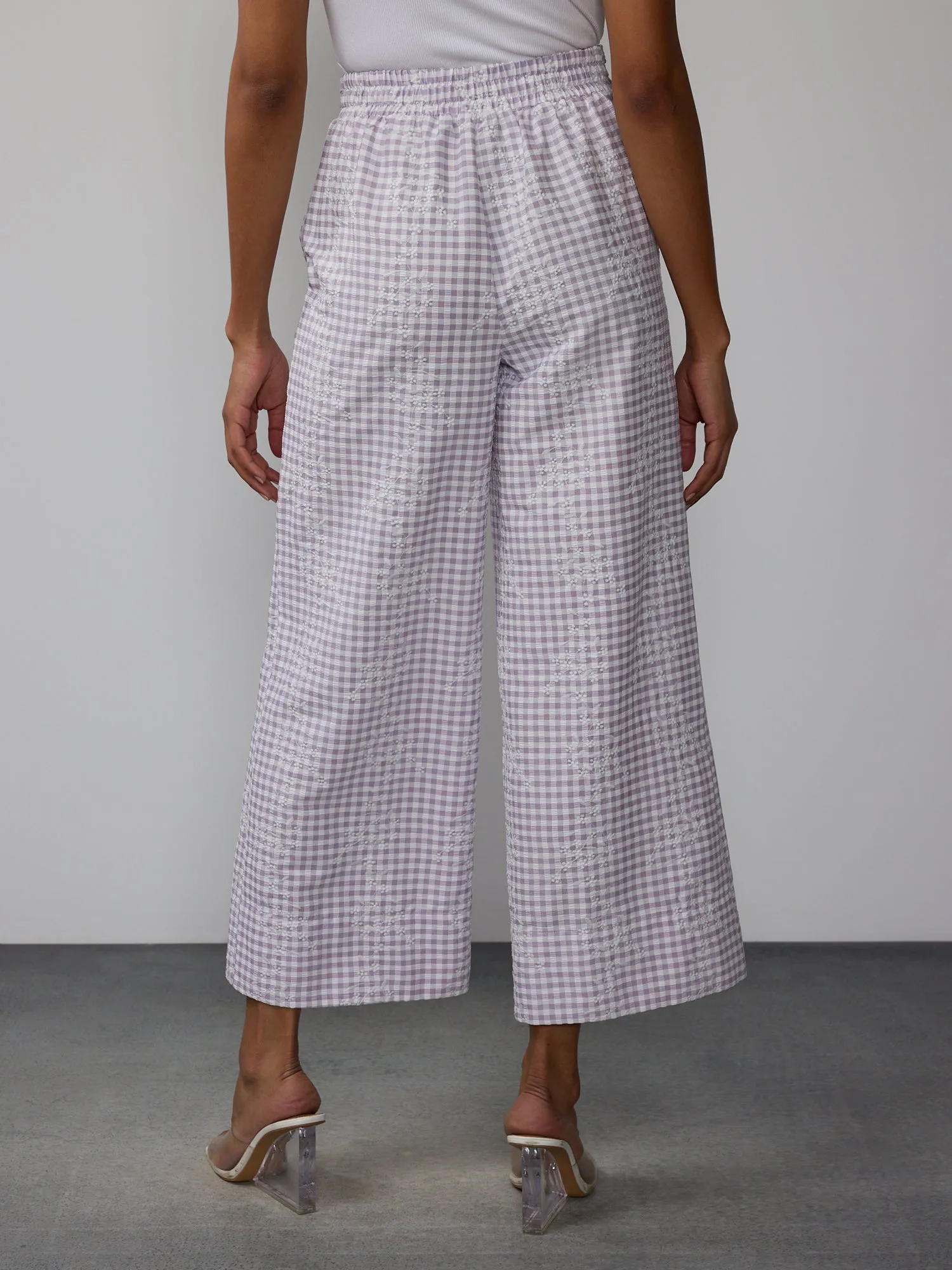 Embroidered Gingham Wide Leg Pants