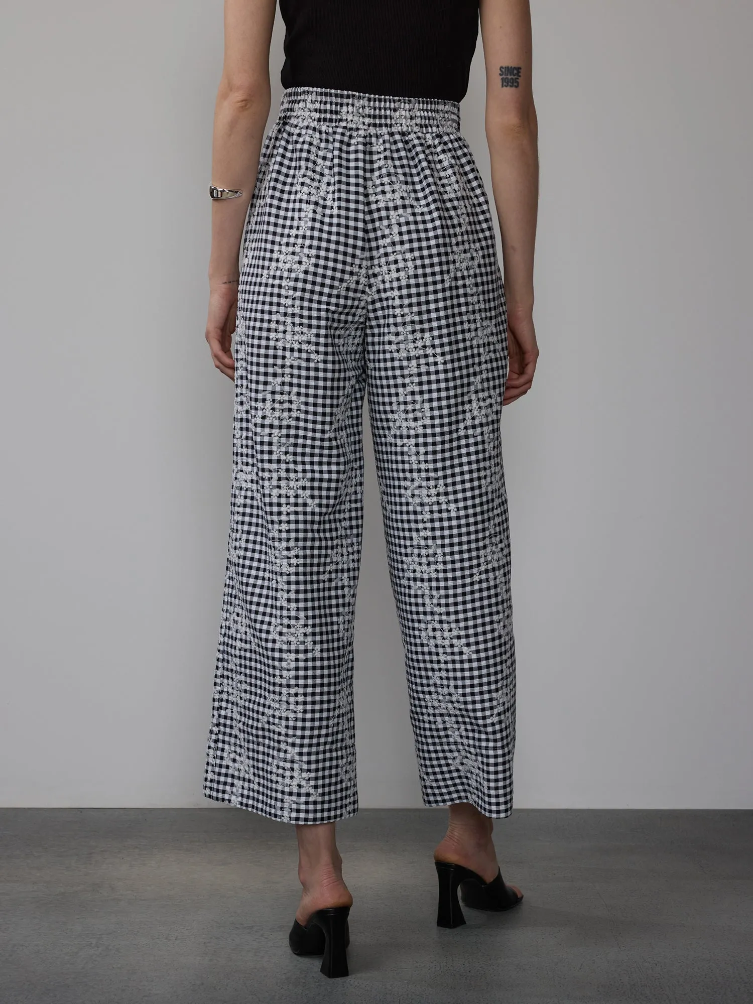 Embroidered Gingham Wide Leg Pants