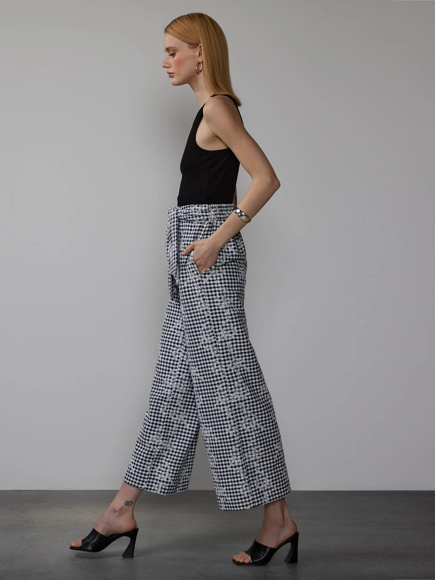 Embroidered Gingham Wide Leg Pants